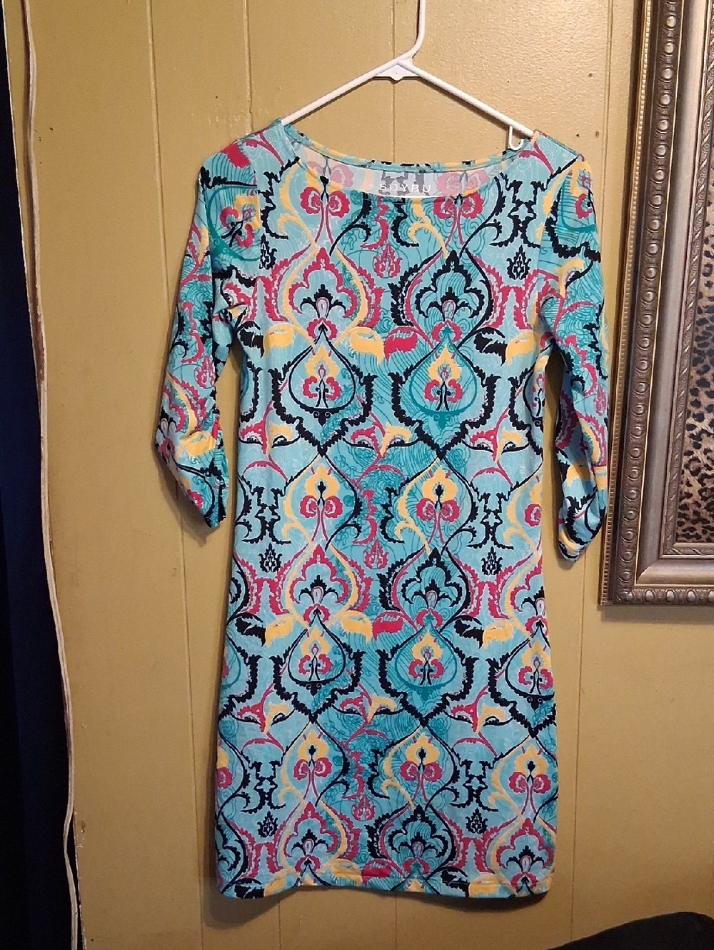 Soybu Turquoise Multicolor Printed Long Sleeve Shift Dress